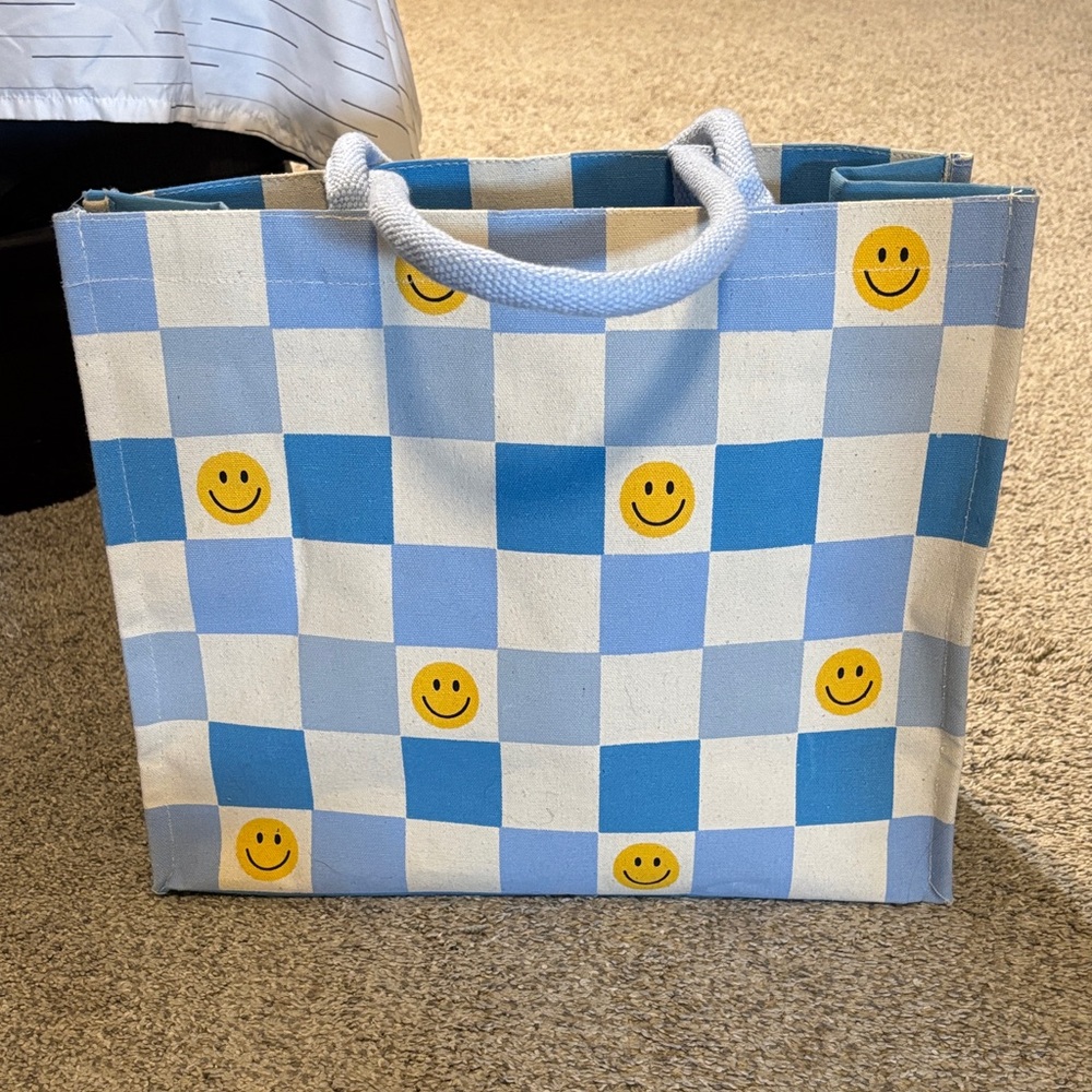 Blue and White Checkered Tote with Smiley Faces